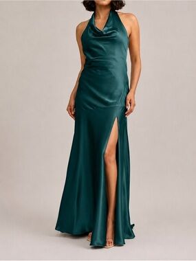 Revelry Amaya Emerald Green Satin Halter Open Back High Slit Formal Gown